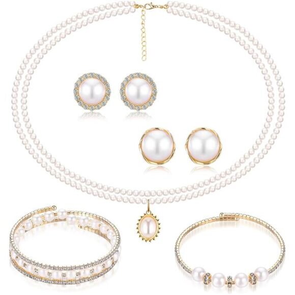 Gold Pearl Rhinestone Jewelry Set for Women Pearl Necklace Bracelet Earrings - Picture 1 of 7